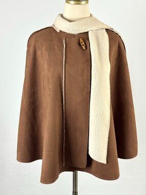 Vtg 70s-Style Brown Faux Suede Poncho Cape Toggle Button Sherpa Shearling Lined